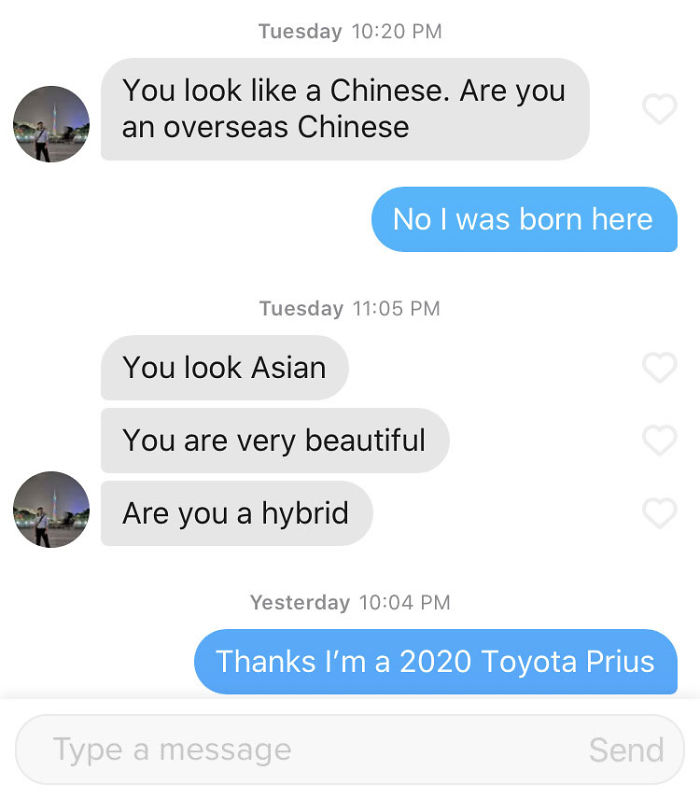 Tinder chat showing awkward pick up lines about ethnicity met with a clever hybrid car joke response.