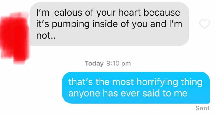 Text message screenshot showing a terrible Tinder pick up line and an embarrassed reply about it.