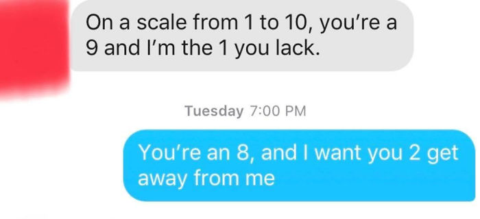 Text message exchange showing a terrible Tinder pick up line and a harsh rejection, highlighting embarrassing Tinder lines.