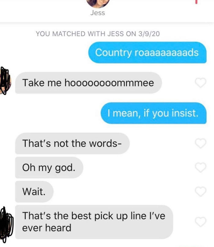 Tinder conversation showing a funny and embarrassing terrible pick up line that surprised the match.
