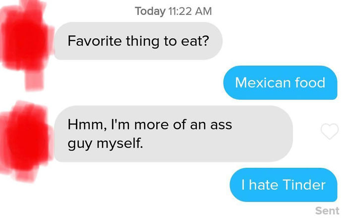 Screenshot of a Tinder conversation showing a terrible Tinder pick up line that causes embarrassment.