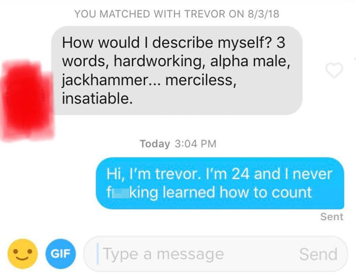 Screenshot of a terrible Tinder pick up line exchange with a funny and embarrassing response.