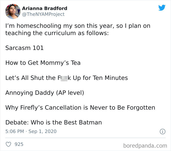 Tweet about homeschooling curriculum shared in a humorous parenting tweets collection for September.