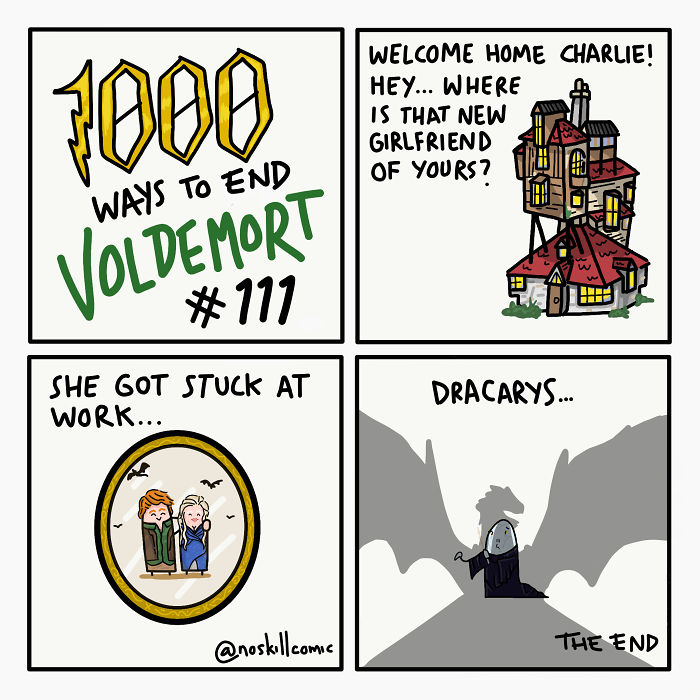 Comic strip showing a funny crossover with Voldemort, a magical house, and a dragon using the keyword ways to end Voldemort.