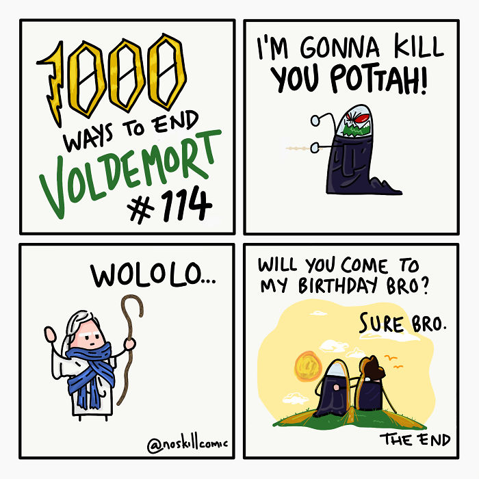 Comic strip depicting funny and unrealistic ways to end Voldemort with crossovers, featuring humorous character interactions.