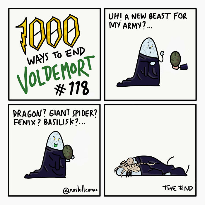 Comic strip showing funny unrealistic ways to end Voldemort with dragons, basilisk, and crossover creatures.