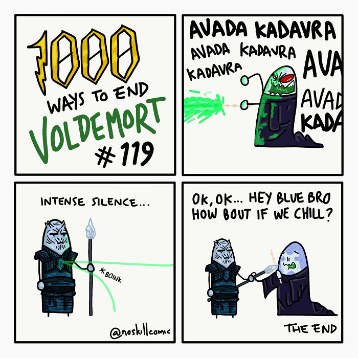Funny comic showing creative and unrealistic ways to end Voldemort with crossover characters in a humorous style.