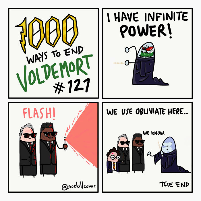 Comic strip showing funny crossover ways to end Voldemort, featuring characters with infinite power and Obliviate spell usage.