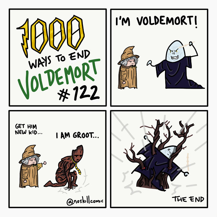 Cartoon comic showing funny and unrealistic ways to end Voldemort using crossover characters like Groot.