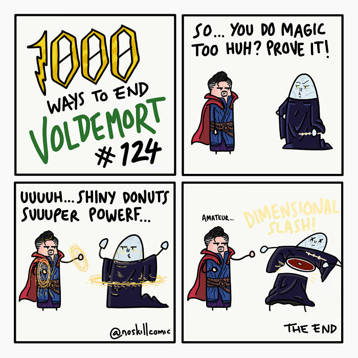 Cartoon crossover showing funny ways to end Voldemort using magic and dimensional slash in a humorous comic strip.
