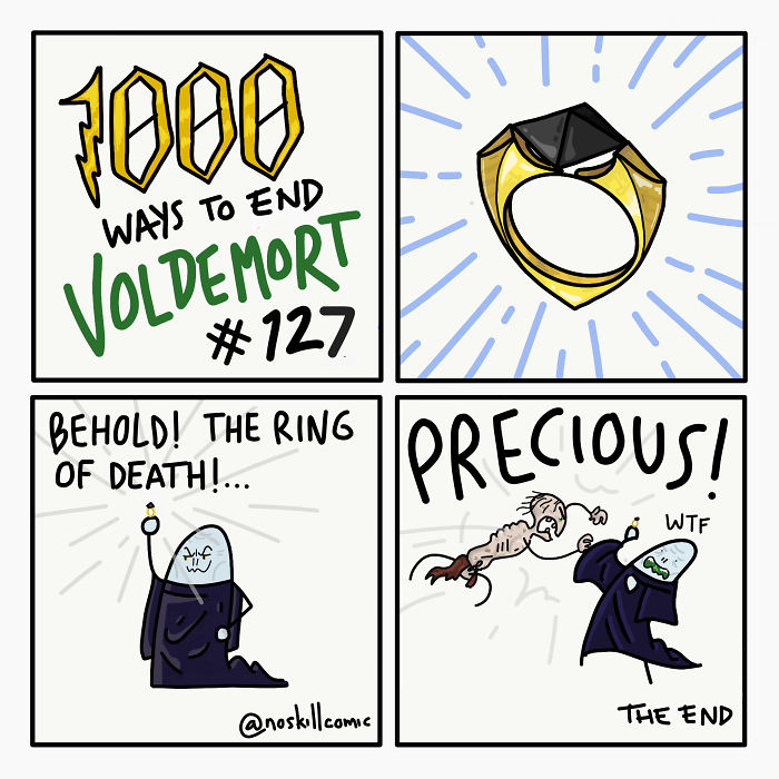 Cartoon comic showing a crossover with Voldemort and a precious ring to end You-Know-Who in a funny unrealistic way.