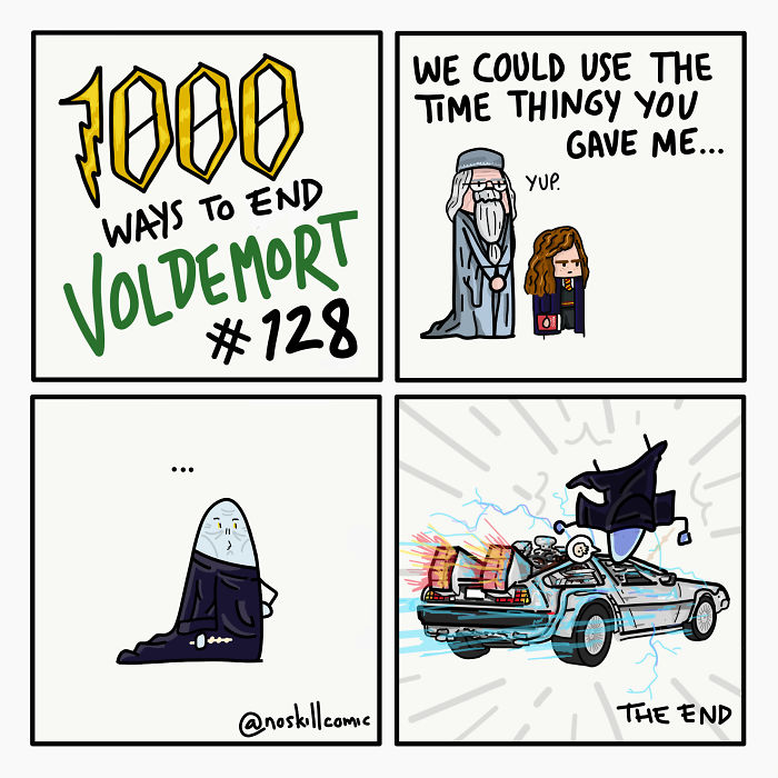 Humorous crossover comic showing creative and funny ways to end Voldemort using time travel and the DeLorean car.