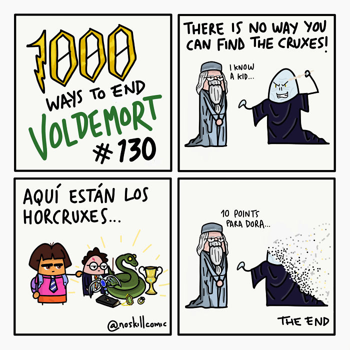 Comic strip showing funny and unrealistic crossover ways to end Voldemort with horcruxes and characters from different universes.