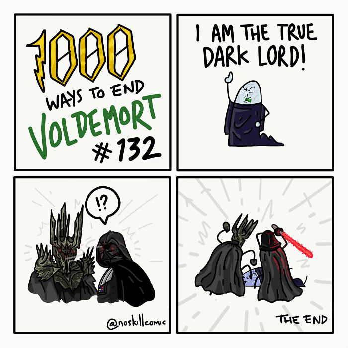 Comic strip showing unrealistic crossover ways to end Voldemort with characters in dark lord conflict and humor.