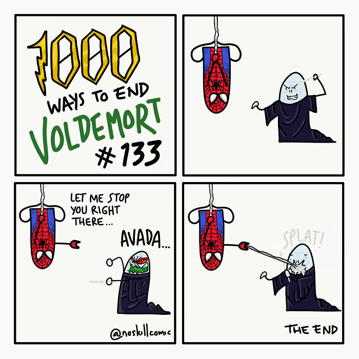 Cartoon showing a funny crossover ending Voldemort with Spider-Man’s web in an unreal and humorous way.