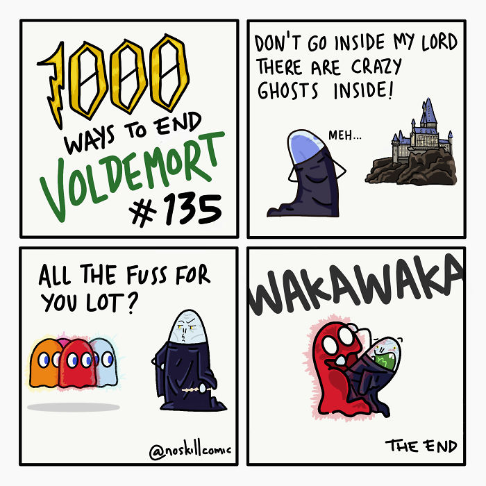 Cartoon crossover showing funny and unrealistic ways to end Voldemort featuring ghosts and Pac-Man style characters.