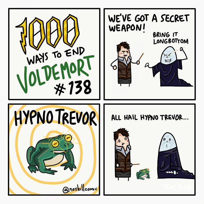 Comic strip showing funny crossover with Hypno Trevor as a secret weapon to end Voldemort in a humorous style.