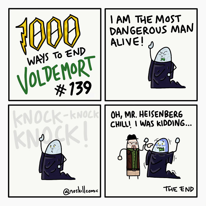 Cartoon comic showing one of 1000 funny and unrealistic ways to end Voldemort with crossovers featuring Heisenberg.