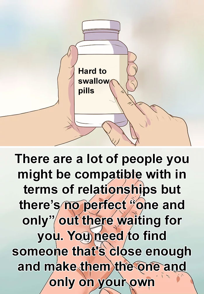 "Cartoon hand holding 'hard to swallow pills' bottle with truth about relationships text overlay."