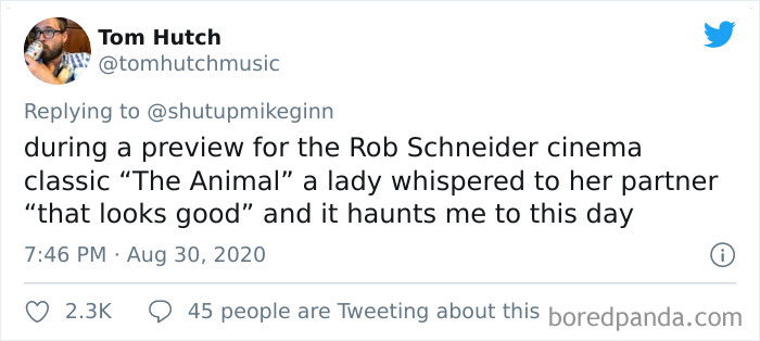 Tweet about a bizarre and dumb overheard comment during a movie theater preview of The Animal by Rob Schneider.