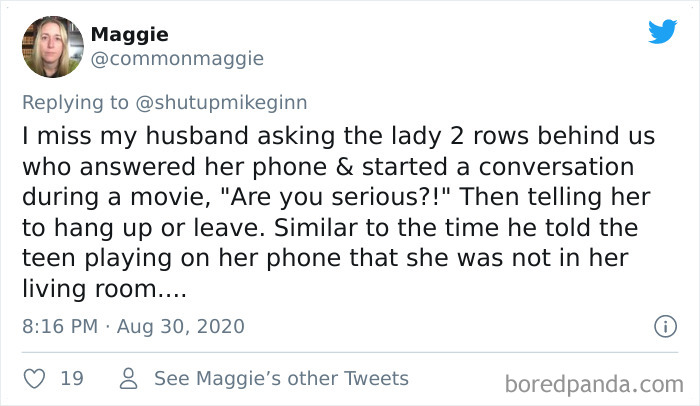 Tweet about overhearing bizarre conversations in a movie theater with people talking on phones during the film.