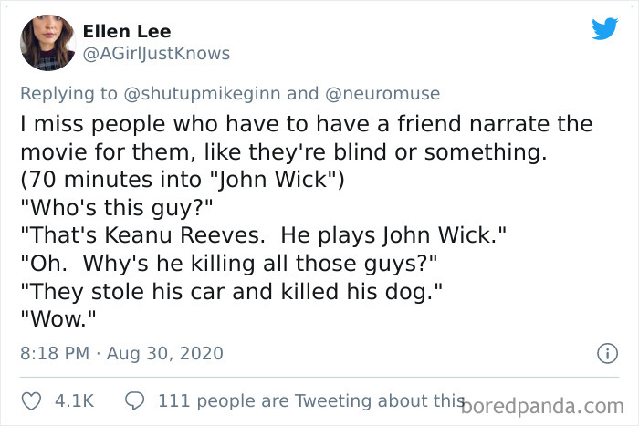 Tweet showing a bizarre overheard conversation in a movie theater about the plot of John Wick with friends narrating the film.