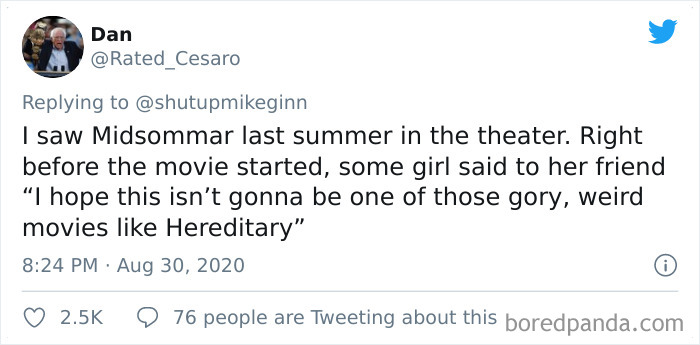 Tweet about overhearing a bizarre comment in a movie theater before watching Midsommar, shared by Dan.