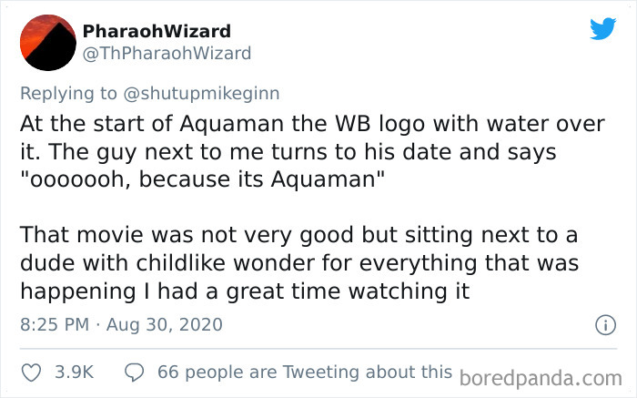 Tweet sharing a bizarre and dumb thing overheard in a movie theater during Aquaman, highlighting childlike wonder despite a bad movie.