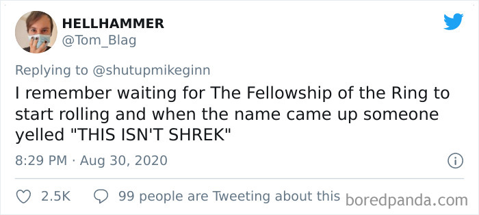 Tweet text sharing a dumb or bizarre thing overheard in a movie theater about confusing The Fellowship of the Ring with Shrek.
