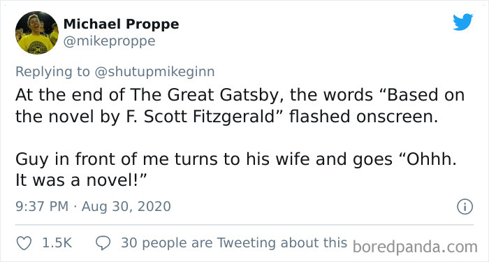 Tweet showing a bizarre thing overheard in a movie theater about The Great Gatsby being based on a novel.