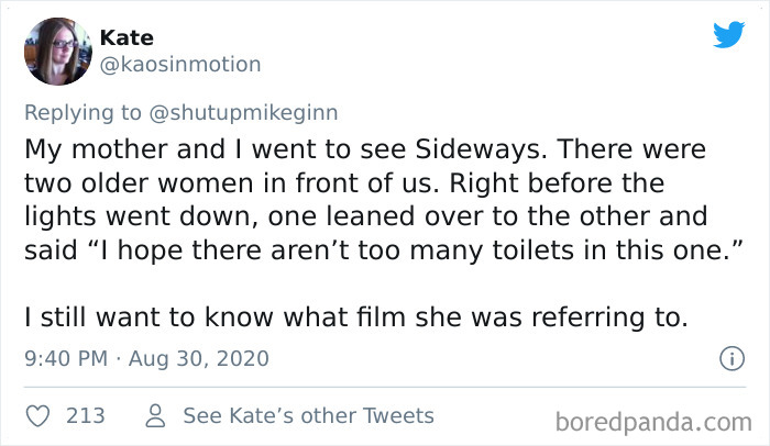 Tweet screenshot of a bizarre and dumb thing overheard in a movie theater shared by a user named Kate.