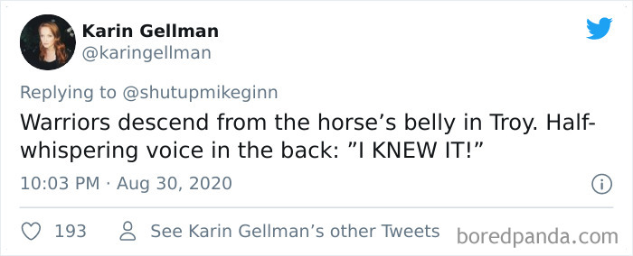 Tweet showing a bizarre thing overheard in a movie theater about warriors descending from the horse’s belly in Troy.
