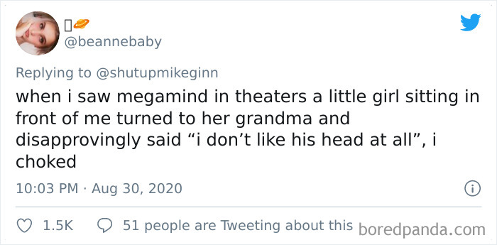 Tweet showing a bizarre movie theater moment where a girl loudly disapproves of a character’s head during a film.