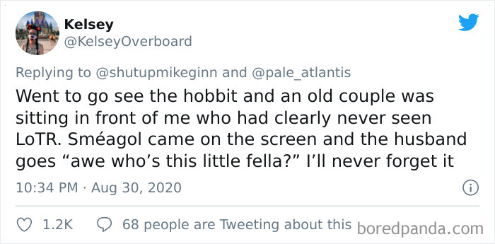 Tweet showing a bizarre thing overheard in a movie theater about The Hobbit and Lord of the Rings characters.