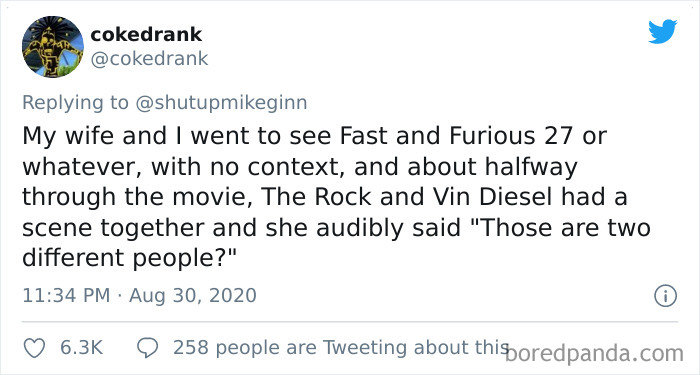 Tweet showing a bizarre overheard comment in a movie theater about The Rock and Vin Diesel being two different people.