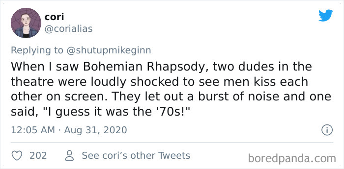 Tweet about overhearing a bizarre reaction from people in a movie theater during Bohemian Rhapsody.