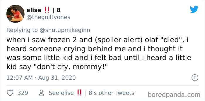 Tweet sharing one of the dumbest or most bizarre things overheard while in a movie theater about Frozen 2 and a crying kid.