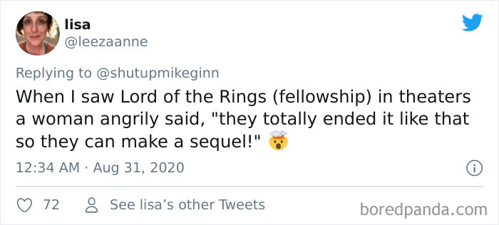 Tweet of a woman sharing a bizarre thing overheard in a movie theater about a Lord of the Rings sequel reaction.
