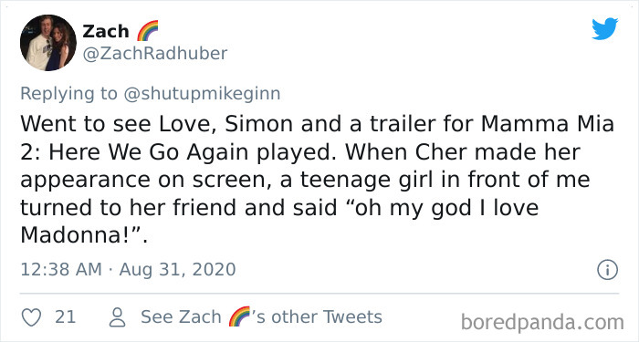 Tweet sharing a bizarre thing overheard in a movie theater involving a teenage girl confusing Cher with Madonna.