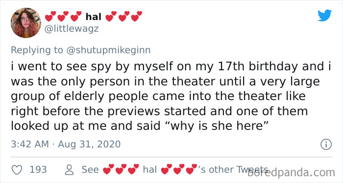 Tweet about overhearing bizarre and dumb things in a movie theater from a 17-year-old alone at a screening.