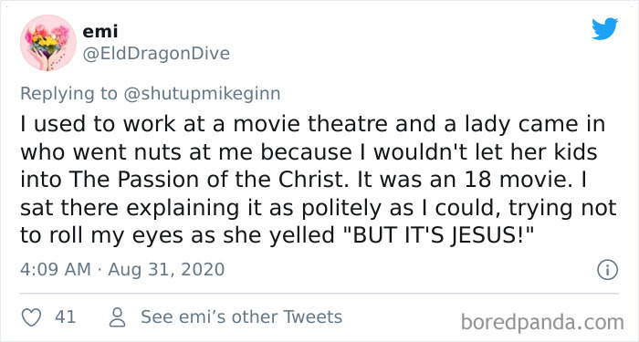Tweet about a movie theater worker dealing with a woman upset over her kids being denied entry to an R-rated film.