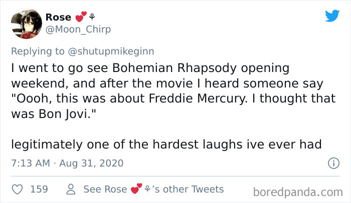Tweet screenshot showing a movie theater story about overhearing a bizarre comment during a film about Freddie Mercury.