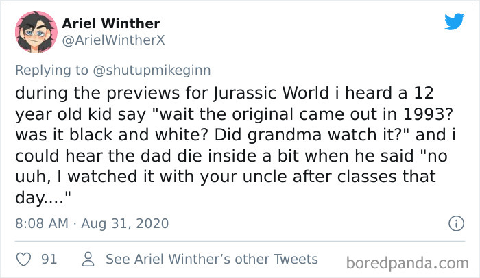 Tweet sharing a bizarre and dumb thing overheard in a movie theater about Jurassic World and the original film’s release date.