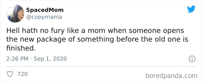 Tweet from SpacedMom humorously describing a mom’s reaction to someone opening a new package before the old one is finished, parenting tweets.