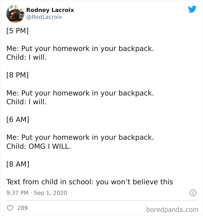 Tweet about parenting showing repeated reminders from a parent to child to put homework in backpack, highlighting parenting humor.