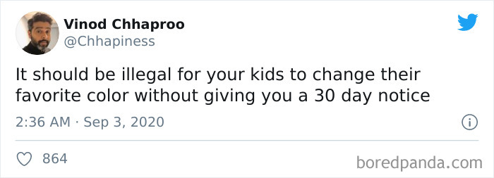 Parenting tweet about kids changing their favorite color without giving parents a 30-day notice, shared on Twitter.