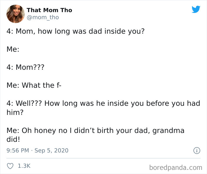 Parenting tweet showing a humorous conversation between a mom and her child about family and birth timing.