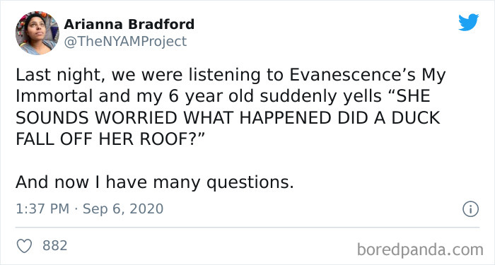 Tweet from a parent sharing a funny moment with their 6-year-old, showcasing relatable parenting tweets from September.