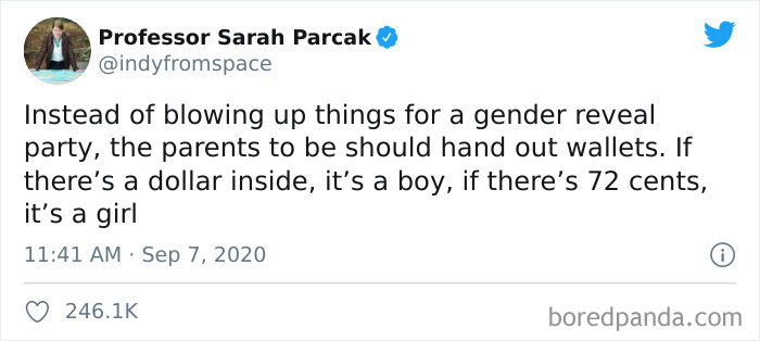 Tweet from Professor Sarah Parcak humorously suggesting wallets with money for a gender reveal, related to parenting tweets.