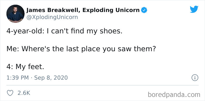Tweet from James Breakwell sharing a humorous parenting moment about a 4-year-old and lost shoes, featuring parenting tweets.